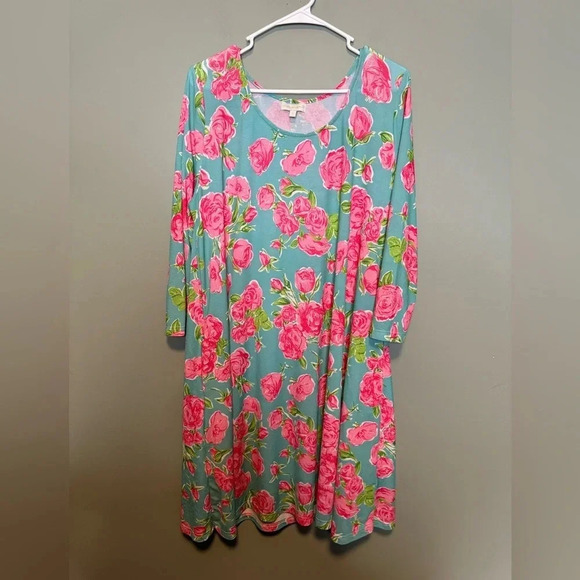 Simply Southern Floral Rose Pattern Blue‎ Pink Pockets Dress Women’s Size Large - Picture 1 of 7